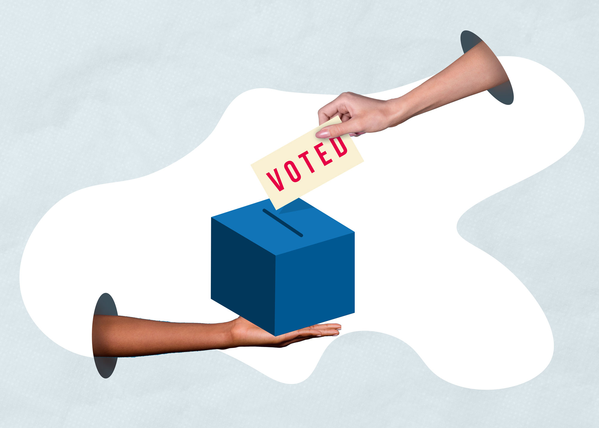 Abstract art showing two hands putting a vote into a ballot box.