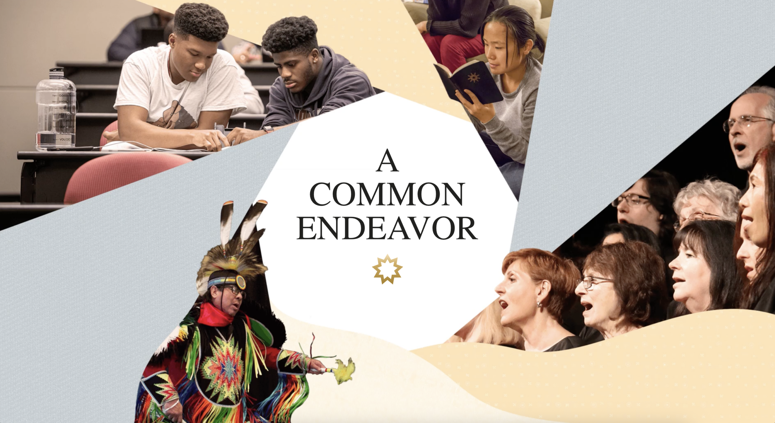 A collage of diverse Baha'i groups in conversation and action.